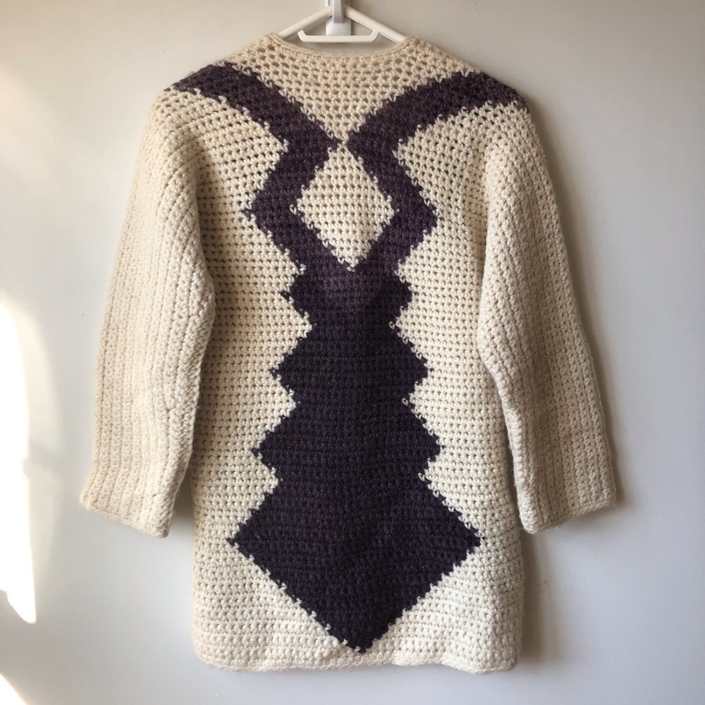 Crocheted cardigan handmade from hand dyed wool. Chunky thick warm granola girl